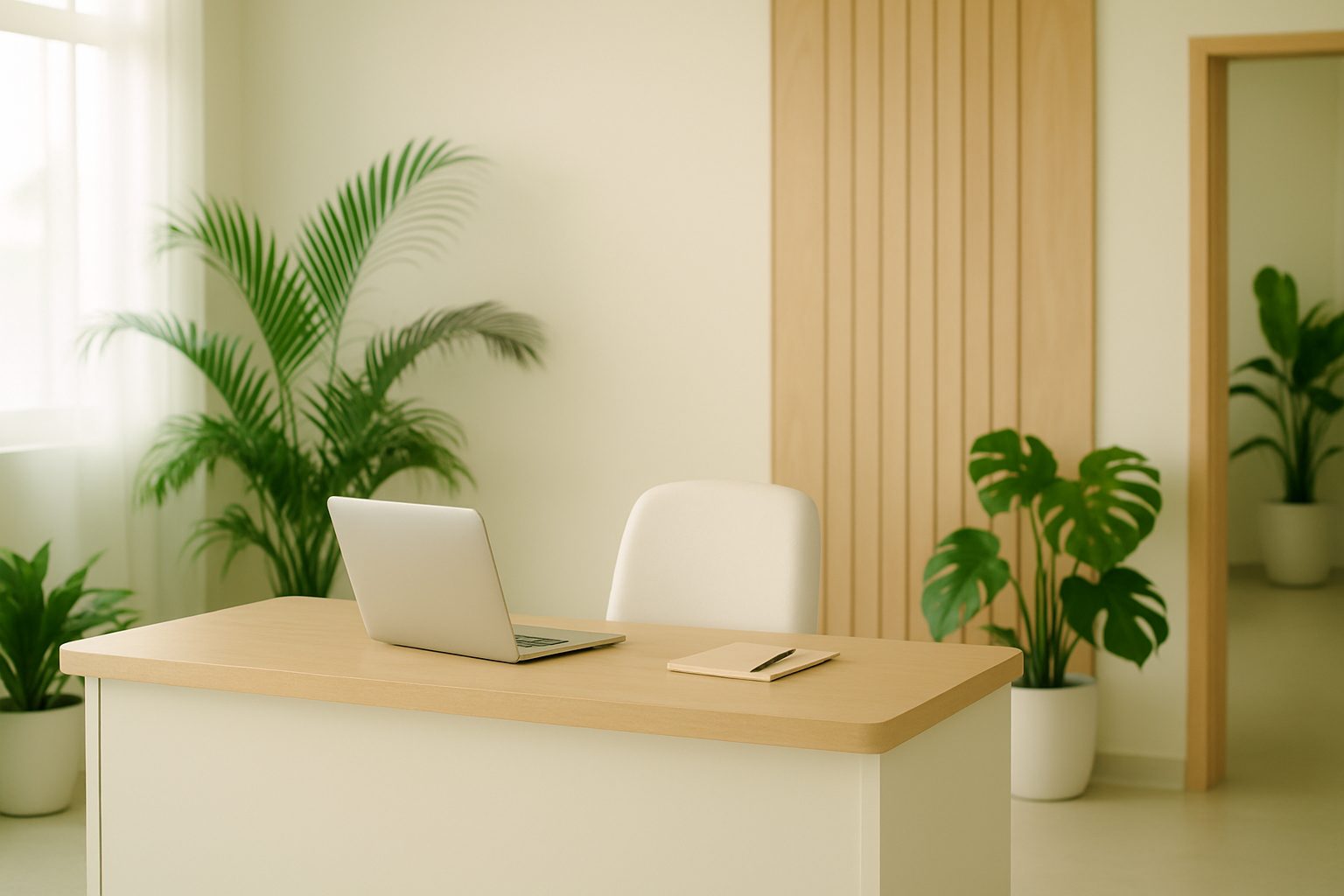 Bright consultation room with a desk, laptop and green plants, in the style of the Axios center in Doral
