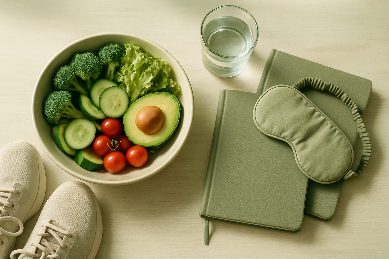 Flat-lay of fresh vegetables, walking shoes, a journal and a sleep mask — the everyday habits behind whole-person health